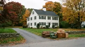 Old couch, armchair, dresser, and boxes at the end of a driveway outside a New England home in fall